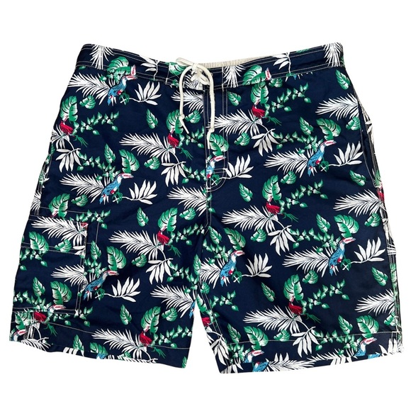 Chaps Boardshort Swimwear Swim Trunks Tropical Bird Palm Leaf Navy Blue XL EUC - Picture 1 of 15